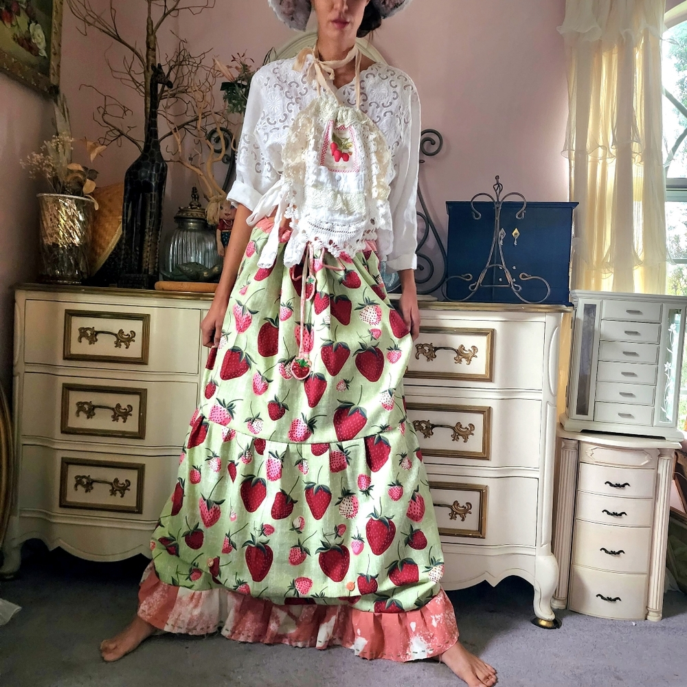 SOLD OUT✅️Designer Boho Maxi Skirt Upcycled Rare Strawberry Cottage Shabby Chic - Picture 13 of 16